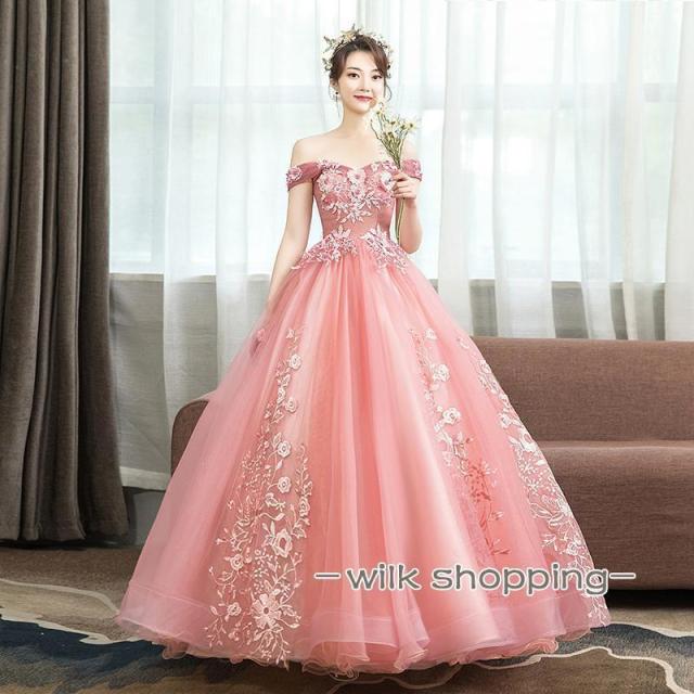 カラードレス プリンセス ロングドレス オフショルダー 演奏会 発表会 結婚式 イブニングドレス 花嫁 二次会 ウェディングドレス プロムドレス 大きいサイズ_1