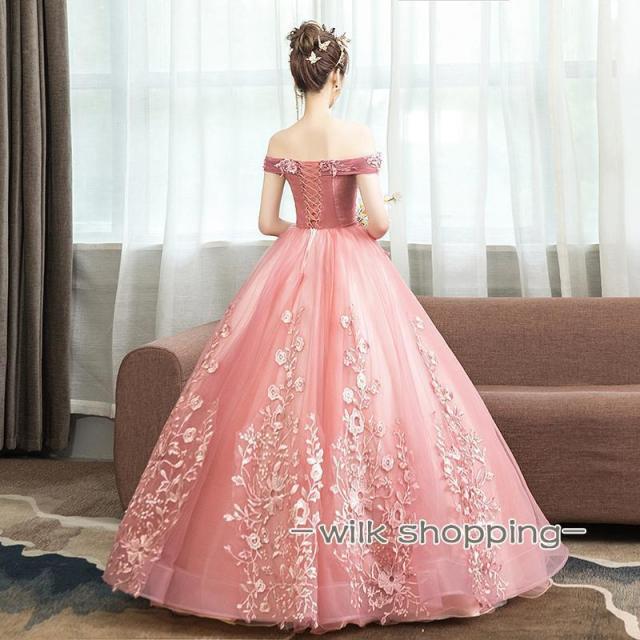 カラードレス プリンセス ロングドレス オフショルダー 演奏会 発表会 結婚式 イブニングドレス 花嫁 二次会 ウェディングドレス プロムドレス 大きいサイズ_2