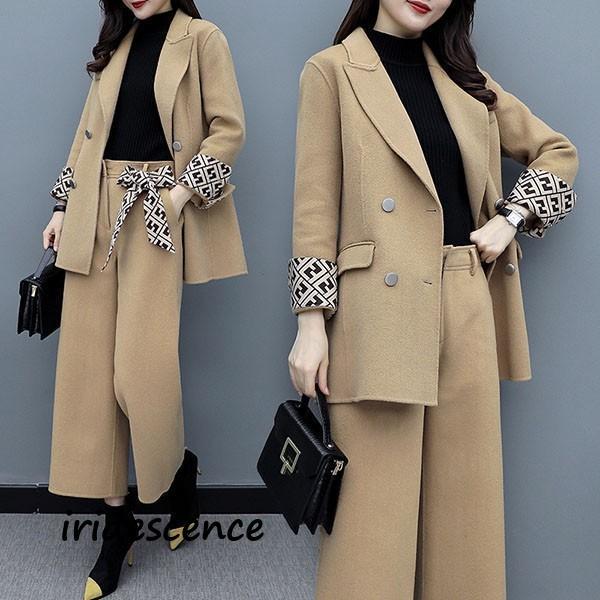 セットアップ レディース 秋冬 40代 30代 フォーマル 2点セット アウター 冬コート ガウチョパンツ パンツスーツ 大きいサイズ おしゃれ 上品 着痩せ 通勤 新品