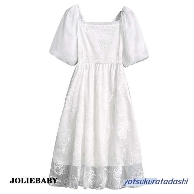 白ワンピース パフスリーブ 半袖【S?5XL】オーガンジー ロング 裏地あり 夏春 レディース マキシワンピース ミディアム丈 二次会ドレス 白 ワンピース シンプル_11