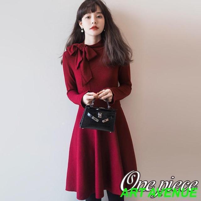 ワンピース 秋服 春 冬 春 ひざ丈 ニット セーター ドレス レッド レディース 長袖 カジュアル Aライン キレイめ おしゃれ 韓国 卒業式 服 母 着痩せ 通勤 OL