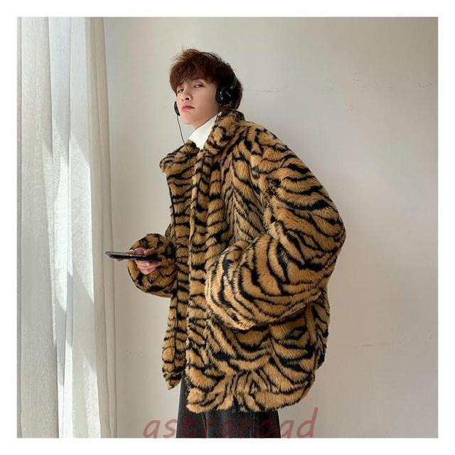 フェイクファージャケット メンズ ゼブラ柄 シマウマ柄 ファーコート ボアジャン ボアコート ロングコート ボア 韓国 ファッション ボアジャケット モコモコ_10