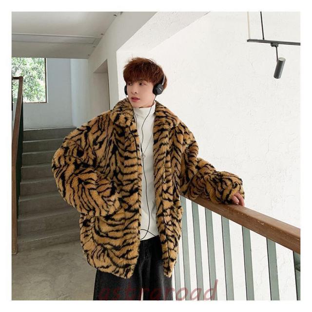 フェイクファージャケット メンズ ゼブラ柄 シマウマ柄 ファーコート ボアジャン ボアコート ロングコート ボア 韓国 ファッション ボアジャケット モコモコ_8