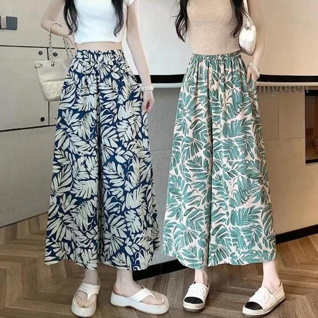 ガウチョ リラックスパンツ ウエストゴム ワイドパンツ フレア レディース 夏 韓国ファッション ボタニカル テロテロパンツ リゾート スカパン 柄