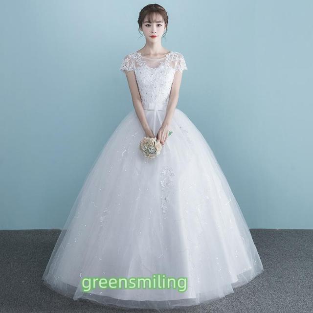 ウェディングドレス 半袖/5分袖 二次会 結婚式 披露宴 ブライダル ロングドレス レース 花嫁 ウエディングドレス プリンセスライン 編み上げ チュール 可愛い