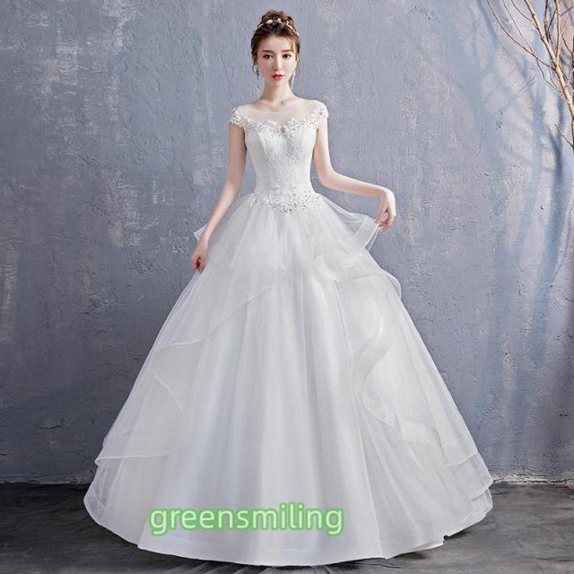 ウェディングドレス 二次会 結婚式 披露宴 ブライダル ロングドレス フレンチスリーブ 花嫁 ウエディングドレス プリンセスライン オフホワイト フリル 編み上げ