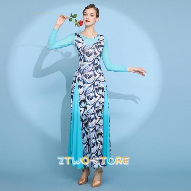 社交ダンスドレスレディース モダンダンス ロング丈ワンピース 長袖