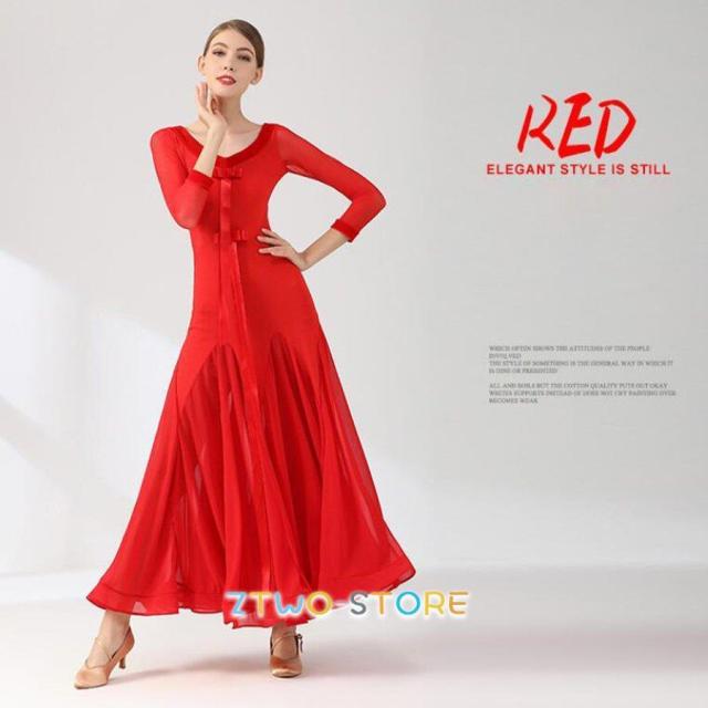 社交ダンスドレスレディース モダンダンス ロング丈ワンピース 長袖