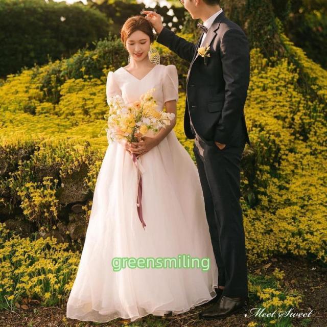ウェディングドレス ロングドレス Aラインドレス 半袖 Vネック 二次会 結婚式 前撮り 後撮り ブライダル 花嫁 ワンピース 韓国風 ウエディングドレス