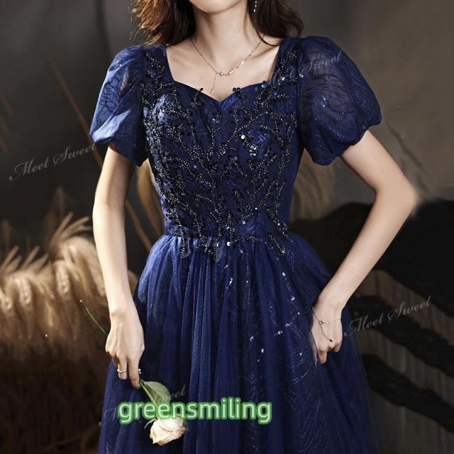 カラードレス ダークブルー 半袖 編み上げ パフスリーブ 二次会