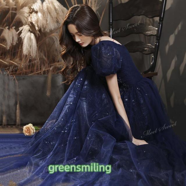 カラードレス ダークブルー 半袖 編み上げ パフスリーブ 二次会