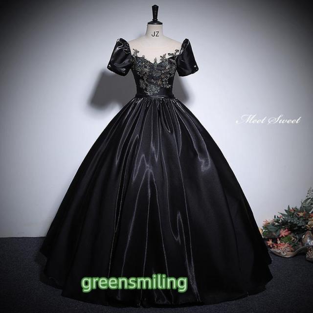 カラードレス プリンセスライン ロングドレス ブラック 黒 半袖 サテン レース ウェディングドレス 結婚式 二次会 花嫁 前撮り 演奏会 発表会 ステージ衣装