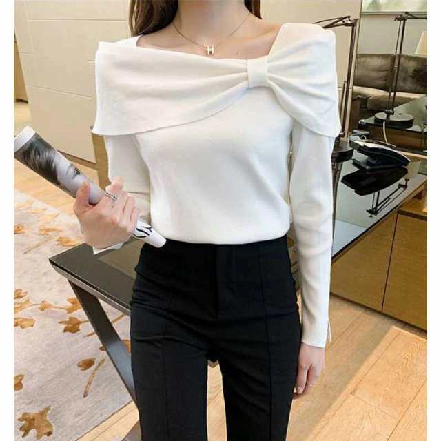 ニットトップス オフショニット レディース 秋 冬 長袖ニットニット ニットセーター カットソー オフショル風トップス ワンショルニット 二の腕隠し あったか 厚の通販は