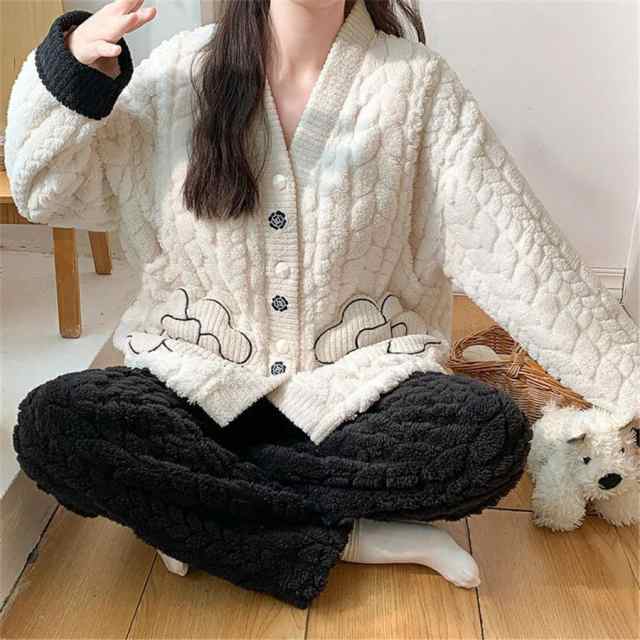 マタニティ パジャマ 冬 モコモコ 花形 vネック 柔らかい 長袖 マタニティ ルームウェア 授乳口 付き ウエスト調節 パジャマ 上下セット マタニティ パジャマ ギ