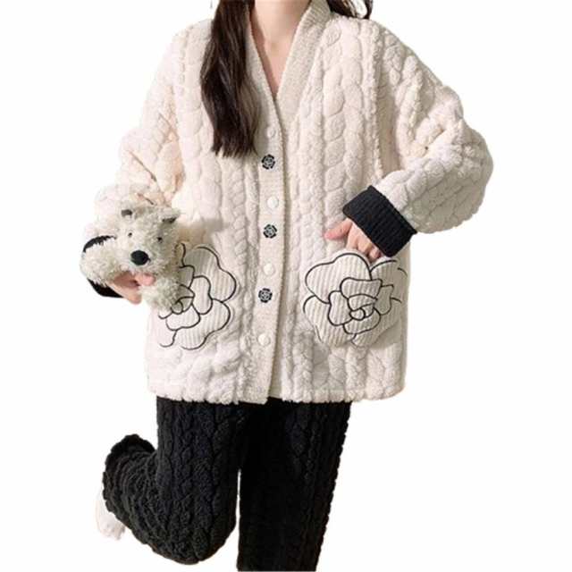 マタニティ パジャマ 冬 モコモコ 花形 vネック 柔らかい 長袖 マタニティ ルームウェア 授乳口 付き ウエスト調節 パジャマ 上下セット マタニティ パジャマ ギ