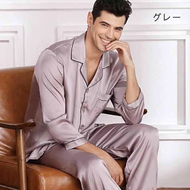 シルク100% パジャマ シルク メンズ シルクパジャマ 上下セット 長袖 シャツ ロング パンツ セットアップ ルームウェア 6A シルクサテン 甚平 高品質_5