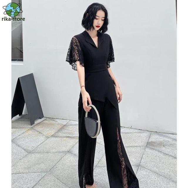パンツドレス かっこいい パーティードレス 結婚式 お呼ばれドレス パンツ ジャンプスーツ 半袖 袖あり レース袖 黒 大きいサイズ 3L 4L 小さいサイズ 韓国_3