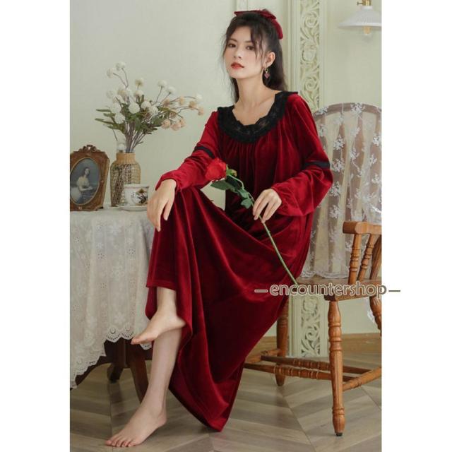 ネグリジェ ワンピース レディース パジャマ ベロア ルームウェア プリンセス風 ルームワンピース ベロアワンピース ベルベット おしゃれ ゆったり