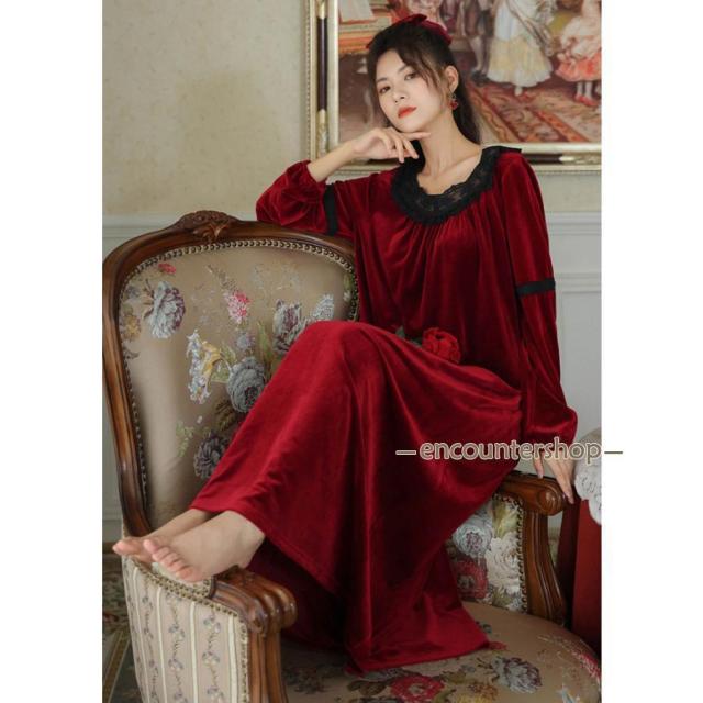 ネグリジェ ワンピース レディース パジャマ ベロア ルームウェア プリンセス風 ルームワンピース ベロアワンピース ベルベット おしゃれ ゆったり