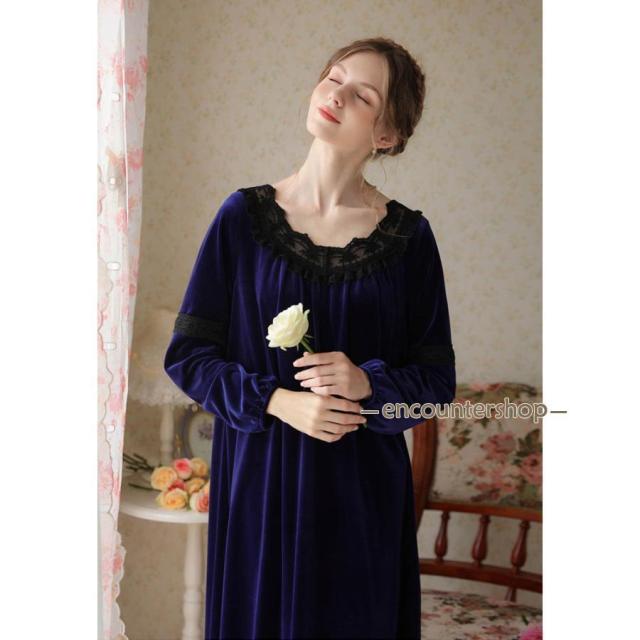 ネグリジェ ワンピース レディース パジャマ ベロア ルームウェア プリンセス風 ルームワンピース ベロアワンピース ベルベット おしゃれ ゆったり