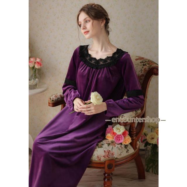 ネグリジェ ワンピース レディース パジャマ ベロア ルームウェア プリンセス風 ルームワンピース ベロアワンピース ベルベット おしゃれ ゆったり