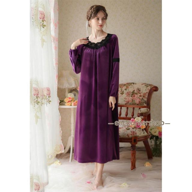 ネグリジェ ワンピース レディース パジャマ ベロア ルームウェア プリンセス風 ルームワンピース ベロアワンピース ベルベット おしゃれ ゆったり