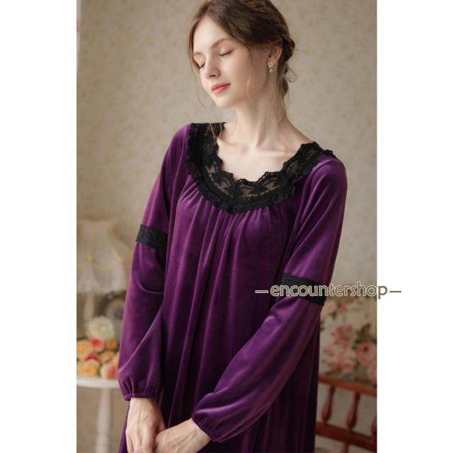 ネグリジェ ワンピース レディース パジャマ ベロア ルームウェア プリンセス風 ルームワンピース ベロアワンピース ベルベット おしゃれ ゆったり