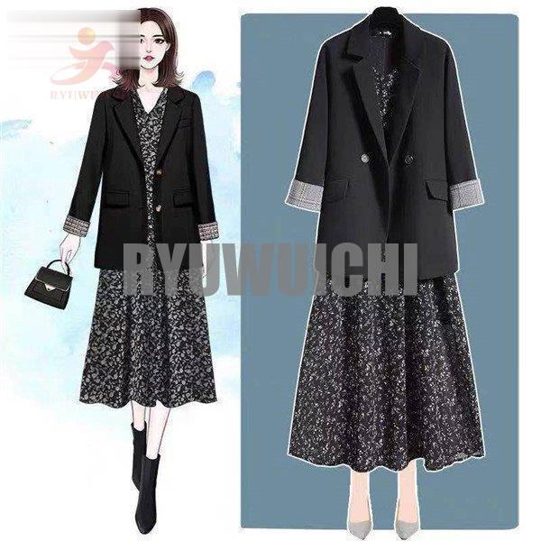 ワンピーススーツ レディース プリーツ テーラードジャケット ノーカラー スーツ ワンピース 春秋 花柄 2点セット おしゃれ セットアップ 大きいサイズ 上品