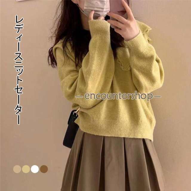 ニットセーター 長袖 セーター レディース ニット フリル レース付き プルオーバー リブ 厚手 暖かい トップス シンプル 無地 ゆったり 快適 着回しの通販はニット・セーター