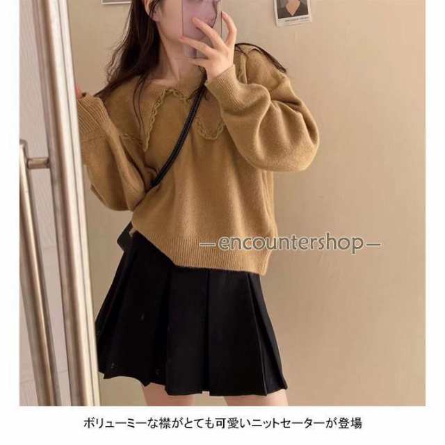 ニットセーター 長袖 セーター レディース ニット フリル レース付き プルオーバー リブ 厚手 暖かい トップス シンプル 無地 ゆったり 快適 着回しの通販は