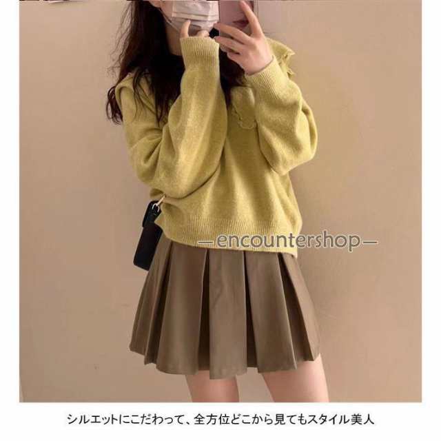ニットセーター 長袖 セーター レディース ニット フリル レース付き プルオーバー リブ 厚手 暖かい トップス シンプル 無地 ゆったり 快適 着回しの通販は