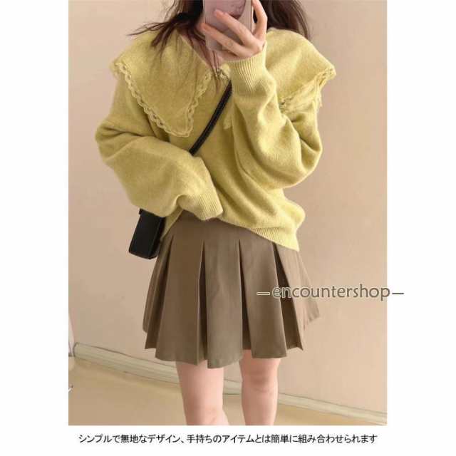 ニットセーター 長袖 セーター レディース ニット フリル レース付き プルオーバー リブ 厚手 暖かい トップス シンプル 無地 ゆったり 快適 着回しの通販は