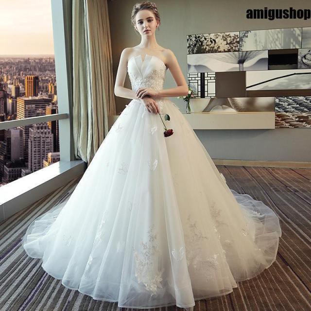 ウェディングドレス ビスチェ 床付きタイプ トレーン Aライン 花嫁ドレス 二次会ドレス 結婚式 花嫁 白 編み上げ 前撮り 後撮り 披露宴 海外挙式