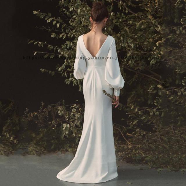 Vネック 長袖 袖あり ウェディングドレス ウエディングドレス ゆったり マーメイドドレス 花嫁ドレス トレーン ロングトレーン 前撮り 二次会ドレス