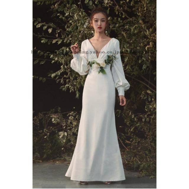 Vネック 長袖 袖あり ウェディングドレス ウエディングドレス ゆったり マーメイドドレス 花嫁ドレス トレーン ロングトレーン 前撮り 二次会ドレス