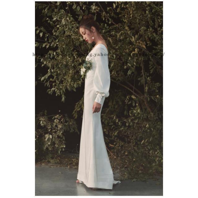 Vネック 長袖 袖あり ウェディングドレス ウエディングドレス ゆったり マーメイドドレス 花嫁ドレス トレーン ロングトレーン 前撮り 二次会ドレス