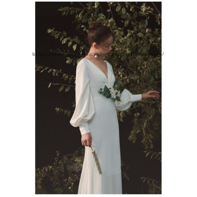 Vネック 長袖 袖あり ウェディングドレス ウエディングドレス ゆったり マーメイドドレス 花嫁ドレス トレーン ロングトレーン 前撮り 二次会ドレス