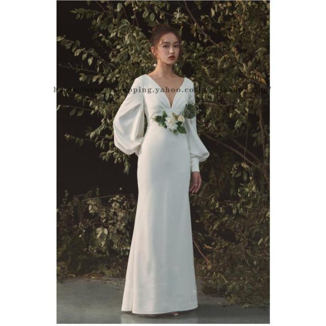 Vネック 長袖 袖あり ウェディングドレス ウエディングドレス ゆったり マーメイドドレス 花嫁ドレス トレーン ロングトレーン 前撮り 二次会ドレス