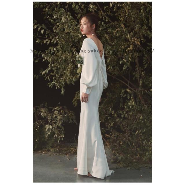 Vネック 長袖 袖あり ウェディングドレス ウエディングドレス ゆったり マーメイドドレス 花嫁ドレス トレーン ロングトレーン 前撮り 二次会ドレス