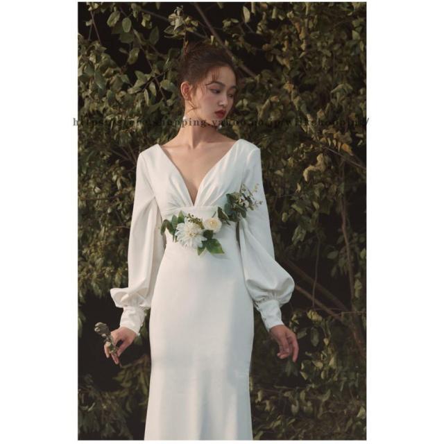 Vネック 長袖 袖あり ウェディングドレス ウエディングドレス ゆったり マーメイドドレス 花嫁ドレス トレーン ロングトレーン 前撮り 二次会ドレス