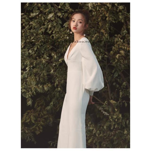 Vネック 長袖 袖あり ウェディングドレス ウエディングドレス ゆったり マーメイドドレス 花嫁ドレス トレーン ロングトレーン 前撮り 二次会ドレス