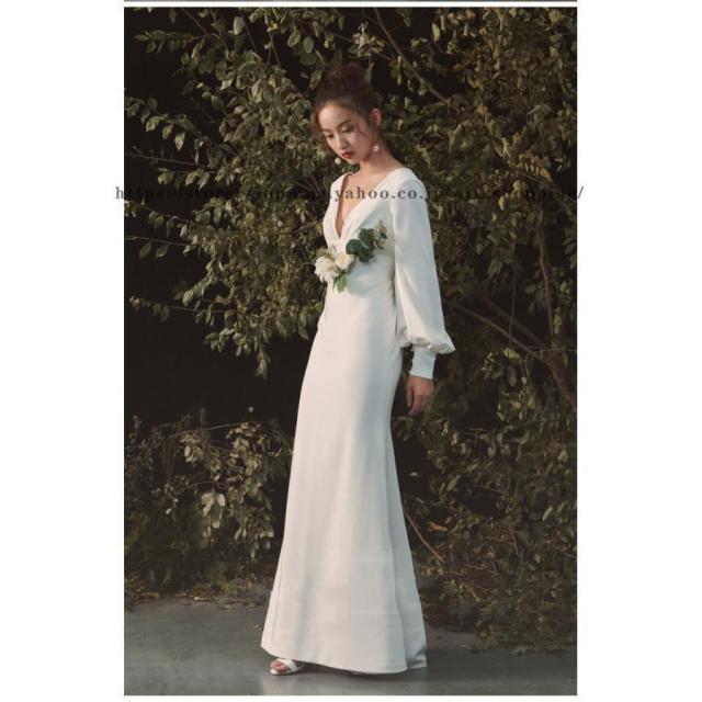 Vネック 長袖 袖あり ウェディングドレス ウエディングドレス ゆったり マーメイドドレス 花嫁ドレス トレーン ロングトレーン 前撮り 二次会ドレス