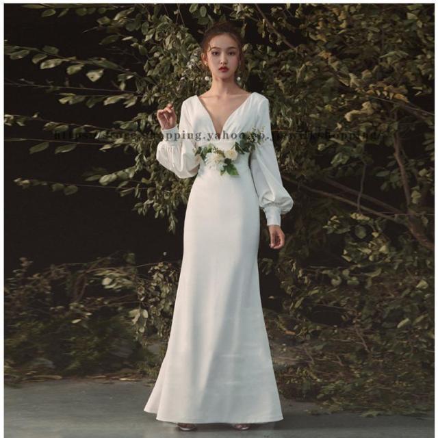 Vネック 長袖 袖あり ウェディングドレス ウエディングドレス ゆったり マーメイドドレス 花嫁ドレス トレーン ロングトレーン 前撮り 二次会ドレス