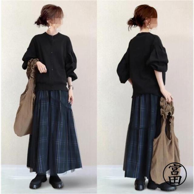 カーディガン ニット トップス セットアップ レディース ロングスカート チェック柄 秋 長袖 おしゃれ 体型カバー 可愛い 通勤 OL
