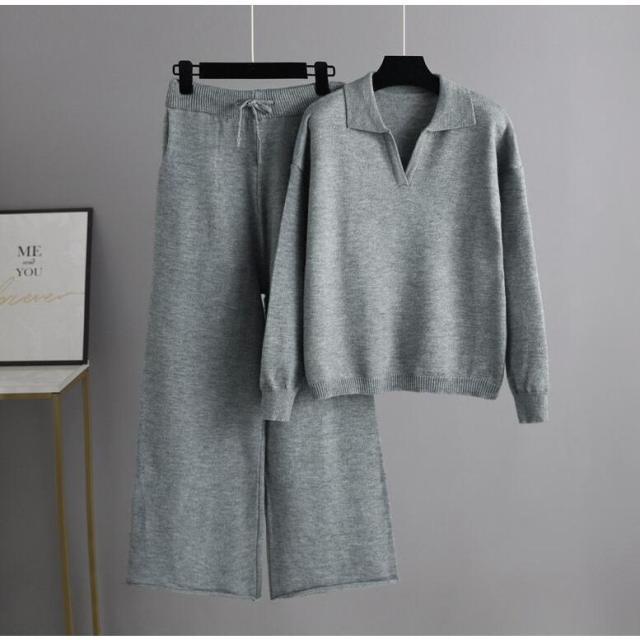 ニット セットアップ ワイドパンツ レディース 秋冬 長袖 ポロシャツ ポケット ケーブル編み おしゃれ セーター ニットパンツ 部屋着 ママ ガウチョパンツ