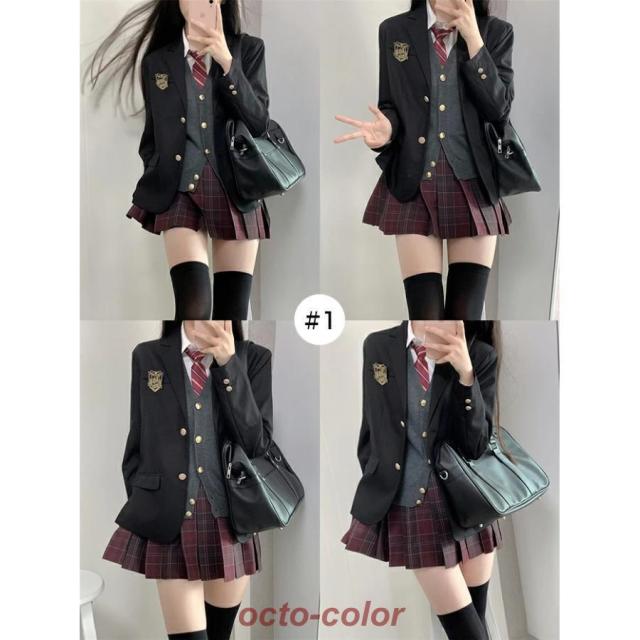卒業式 スーツ 女の子 大きいサイズ 子供服 小学生 中学生 高校生 6点セット フォーマルスーツ チェック柄 スクールブレザー 卒業式服 卒服_2