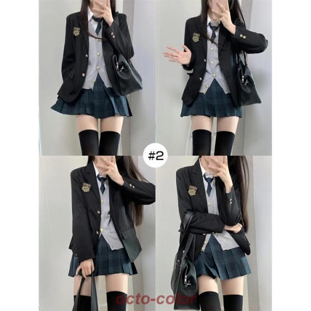 卒業式 スーツ 女の子 大きいサイズ 子供服 小学生 中学生 高校生 6点セット フォーマルスーツ チェック柄 スクールブレザー 卒業式服 卒服_3