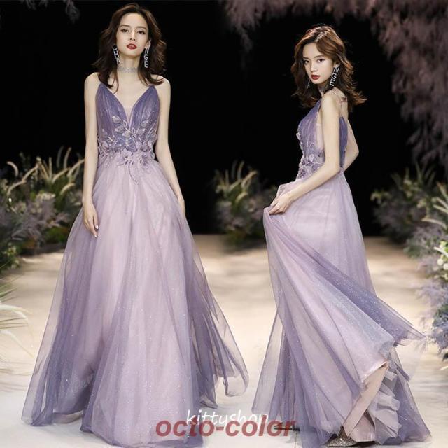 イブニングドレス パープル ロングドレス 発表会ドレス キャミドレス ウエスト花柄 キレイめ Vネック ノースリーブ 演奏会ドレス チュール パーティードレス