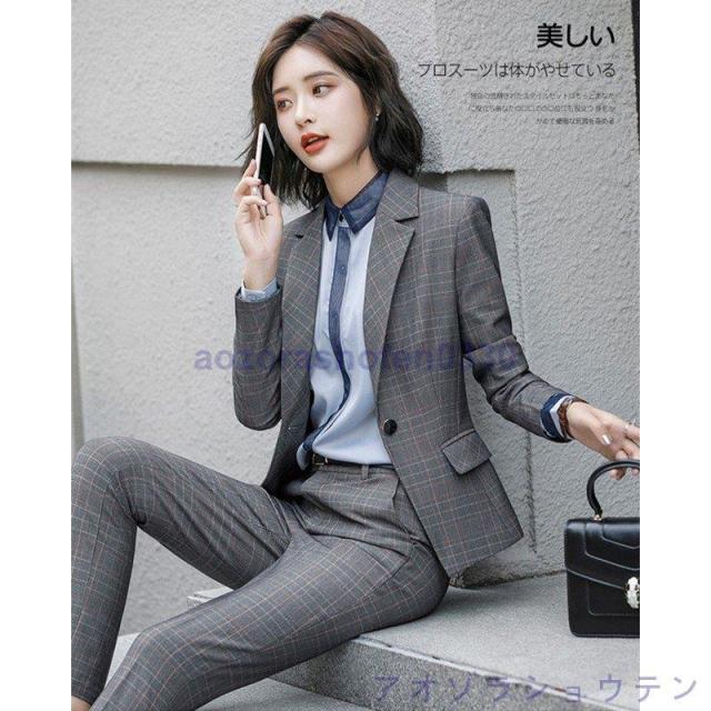 レディース スーツセット パンツセットチェック柄 20代30代40代 事務服 フォーマル 細身シルエット 制服OL ビジネス 入学式 卒業式 通勤_4