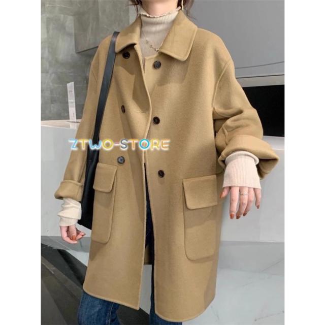 レディース 味わいが感じられ高級感溢れるウール地コート ピーコート 秋服 ダブルボタン仕様 ミディアム丈 襟付き 冬服 通学 通勤 オフィス 大人 可愛い
